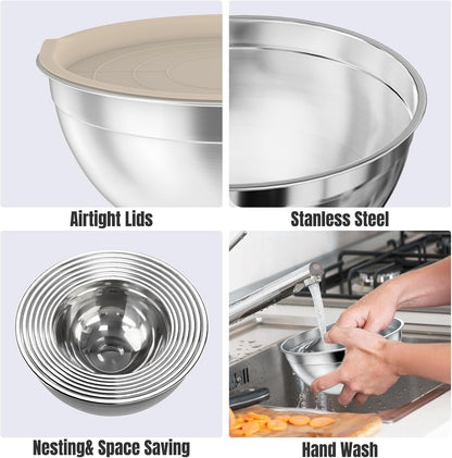 ENVTEK Mixing Bowls with Lids Set, 7 PCS Stainless Steel Mixing Bowls with 3 Grater Attachments, Size 4.5, 4, 3.5, 2.1, 1.5, 1.1, 0.7QT, Ideal for Kitchen Cooking Baking & Serving