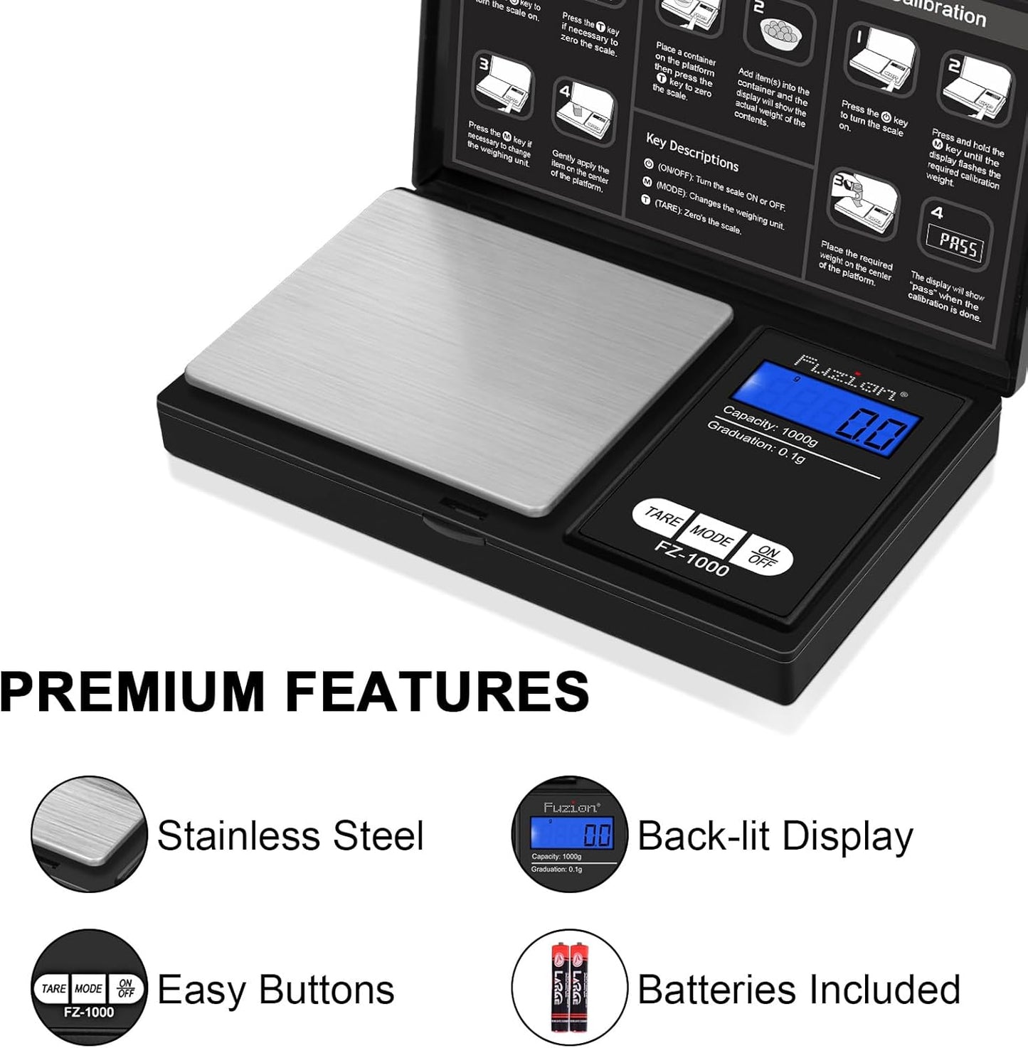 Fuzion Digital Pocket Gram Scale 1000g/0.1g, Small Digital Scales Grams Ounces Grains, Herb Scale, Jewelry Scale, Portable Travel Food Scale