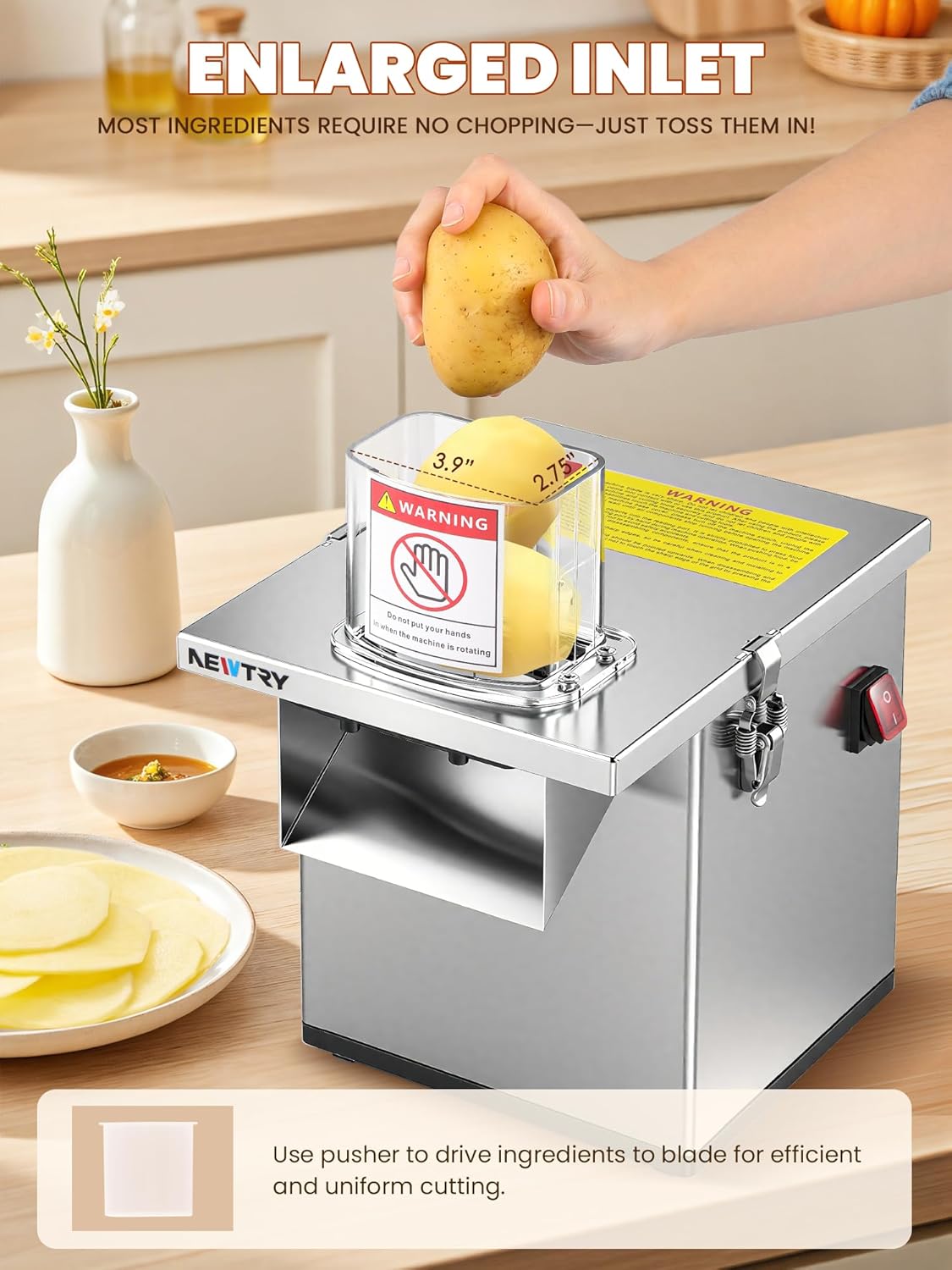 NEWTRY 4 in 1 Commercial Vegetable Processor Electric Veggie Fruit Slicer Dicer Shredder & Strip Crinkle Cutter All Stainless Steel 110volt 200W