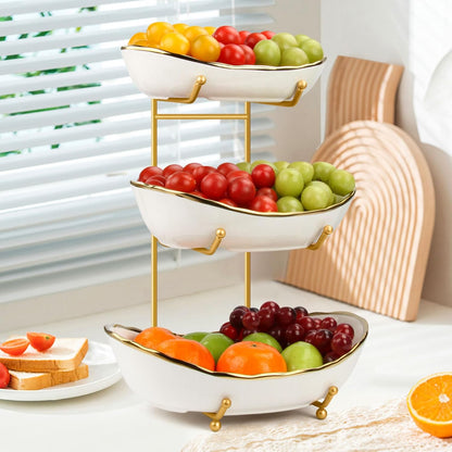 Fruit Bowl for Kitchen Counter, 3 Tier Ceramic Fruit Basket with Metal Stand, Tiered Fruit Stand for Countertop, Modern Multi Serving Bowl for Party Dessert, Vegetable, Snack