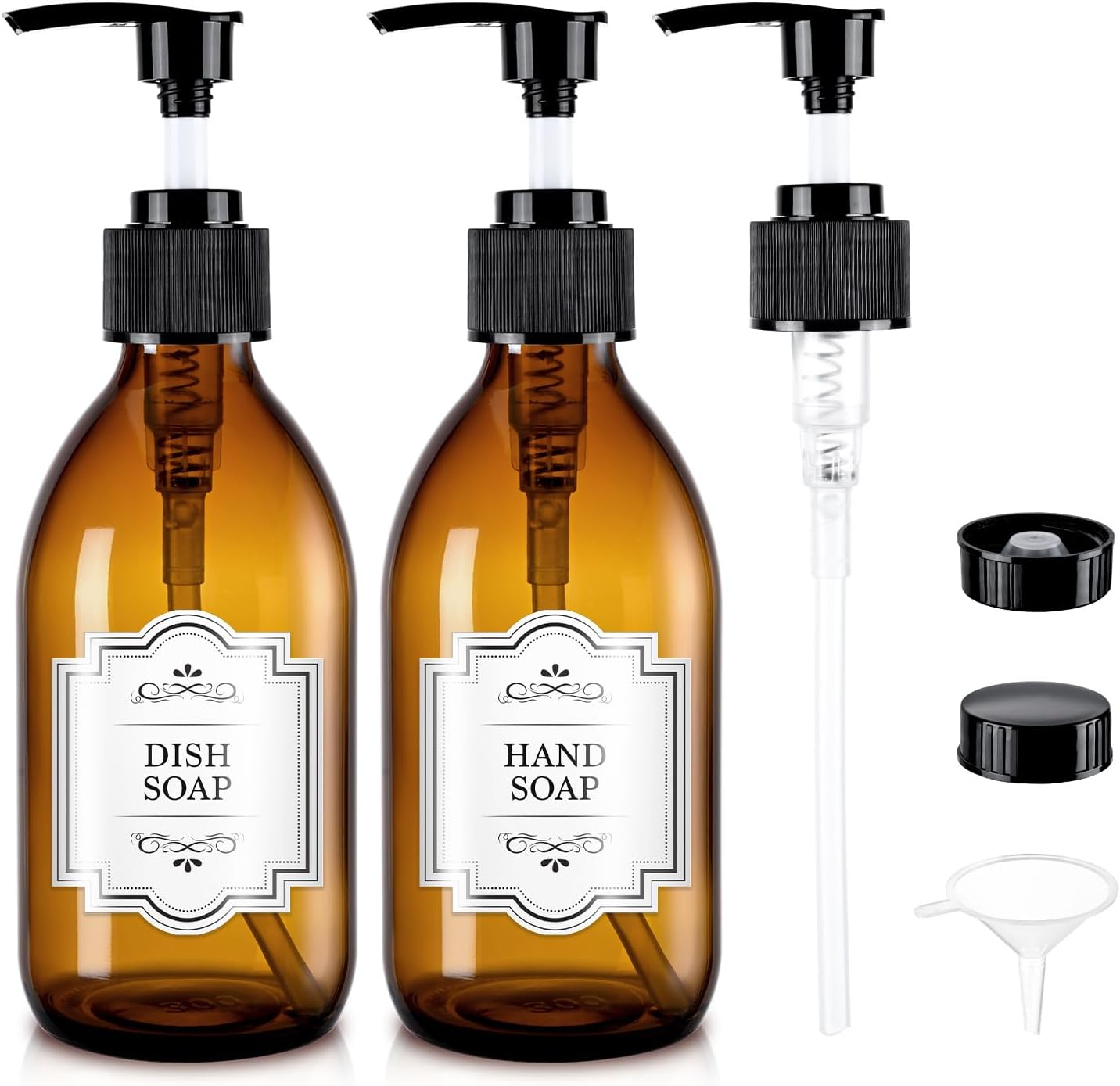 8 oz Amber Glass Pump Bottle, 250ml Glass Soap Dispenser Bottle for Body Lotion Massage Oil, Refillable Empty Hand and Dish Soap Dispensers Set with Labels - 2 Pack