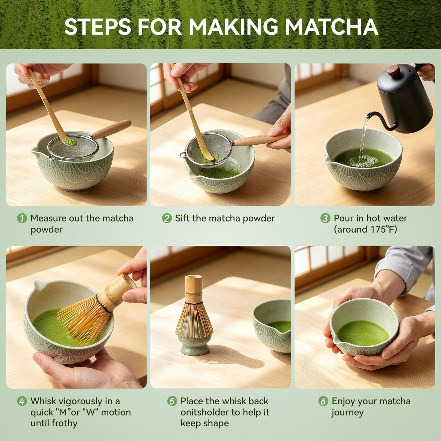 Matcha Whisk Set,Ceramic Matcha Kit Set Includes Matcha Bowl, Bamboo Whisk and Holder, Bamboo Scoop, Scoop Rest and Sifter - 6 Pcs for Tea Ceremony,Gifts for Family/Friend(Mottled Green)
