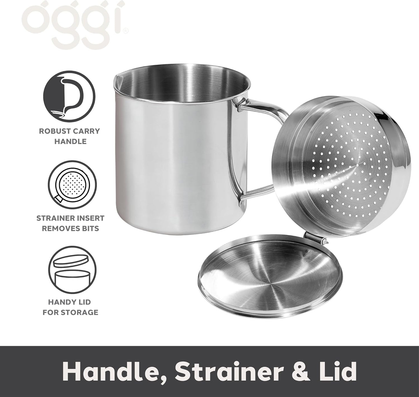 Oggi Stainless Steel Jumbo Grease Container with Removable Strainer and Snug Lid. Perfect container for fryer oil, bacon drippings, lard and ghee oil. Large capacity can - 1 Gall / 4 Qt / 3.75 Lt