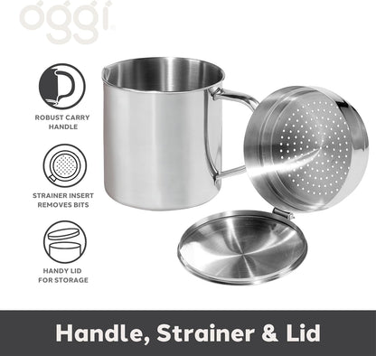 Oggi Stainless Steel Jumbo Grease Container with Removable Strainer and Snug Lid. Perfect container for fryer oil, bacon drippings, lard and ghee oil. Large capacity can - 1 Gall / 4 Qt / 3.75 Lt