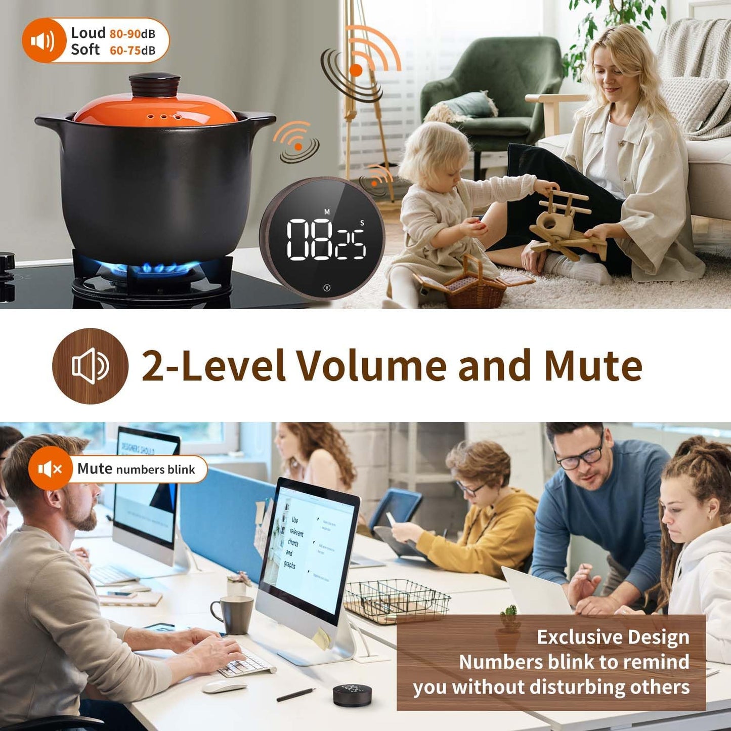 VOCOO Digital Kitchen Timer - Magnetic Countdown Countup Timer with Large LED Display Volume Adjustable, Easy for Cooking and for Seniors and Kids to Use (Space Grey)