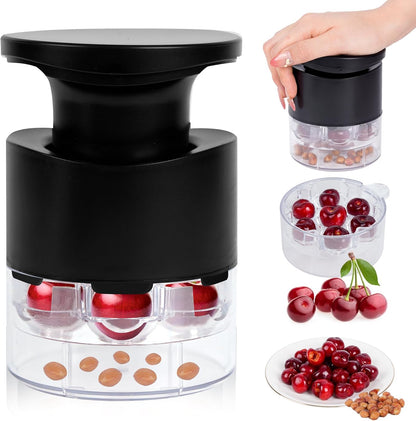 Cherry Pitter, 7-Hole Long Plunger Push Button Cherry Core Remover Tool with Splatter Protector, Quickly Pitting Cherries for Making Jam, Pies (White)