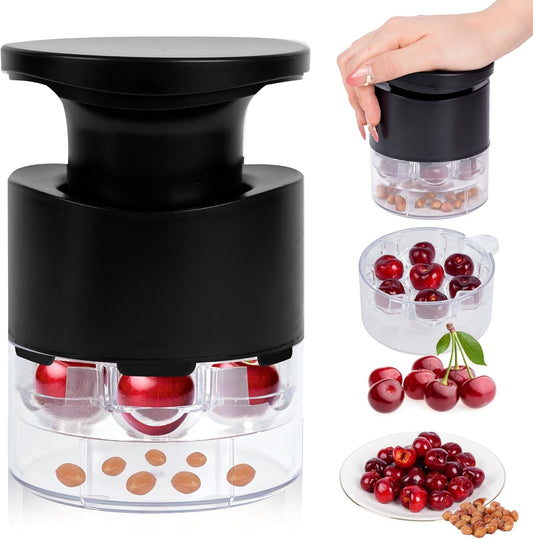 Cherry Pitter, 7-Hole Long Plunger Push Button Cherry Core Remover Tool with Splatter Protector, Quickly Pitting Cherries for Making Jam, Pies (White)