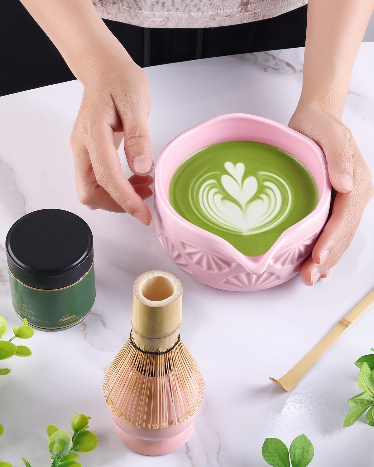Matcha Whisk Set, Ceramic Matcha Set Includes Bowl with Spout, Whisk and Holder, Bamboo Scoop, Sifter and Tea Towel - 6 Pcs Matcha Kit Gift for Matcha Lovers (White)