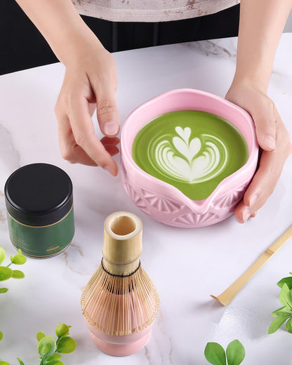 Matcha Whisk Set, Ceramic Matcha Set Includes Bowl with Spout, Whisk and Holder, Bamboo Scoop, Sifter and Tea Towel - 6 Pcs Matcha Kit Gift for Matcha Lovers (White)