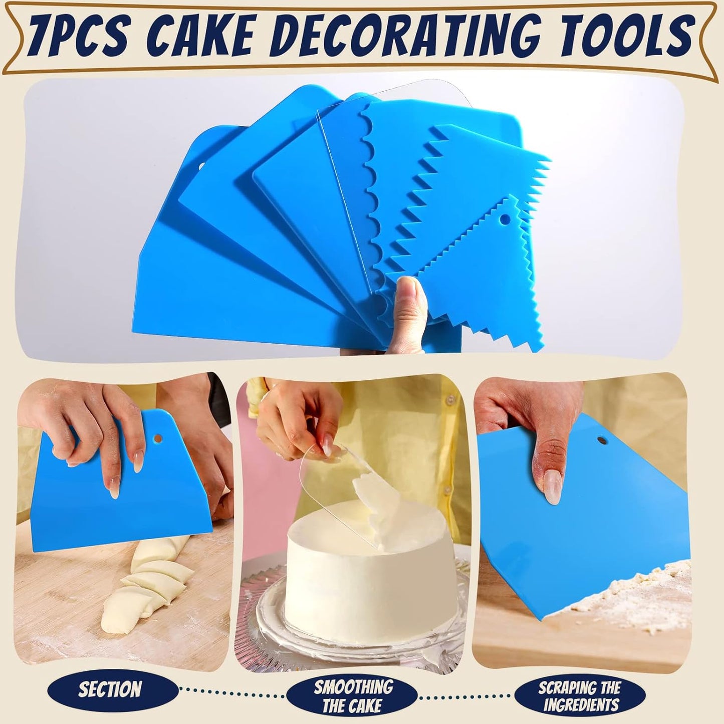 Teenitor Cake Scraper Cake Smoother, 7 Pcs Dough Scraper Bowl Scraper Cake Cutter Cake Spatula Bench Scraper Kitchen Plastic Scraper Tool Cake Decorating Kit