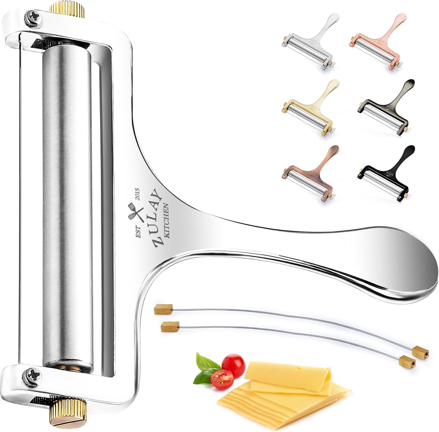 Zulay Kitchen Stainless Steel Wire Cheese Slicer - Adjustable Hand Held Cheese Cutter with 2 Extra Wires - Premium Cheese Shaver For Mozzarella, Cheddar, Gruyere - Cheese Cutter with Wire (Gunmetal)