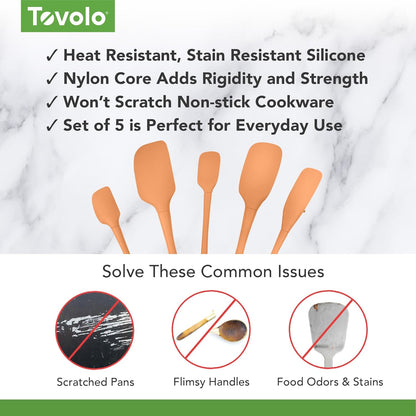 Tovolo Stainless Steel Handled Silicone Spatula Set of 5 White, Dishwasher Safe Kitchen Spatula Set for Cooking Baking, Non Toxic BPA Free Silicone Spatula set with Metal Steel Handle