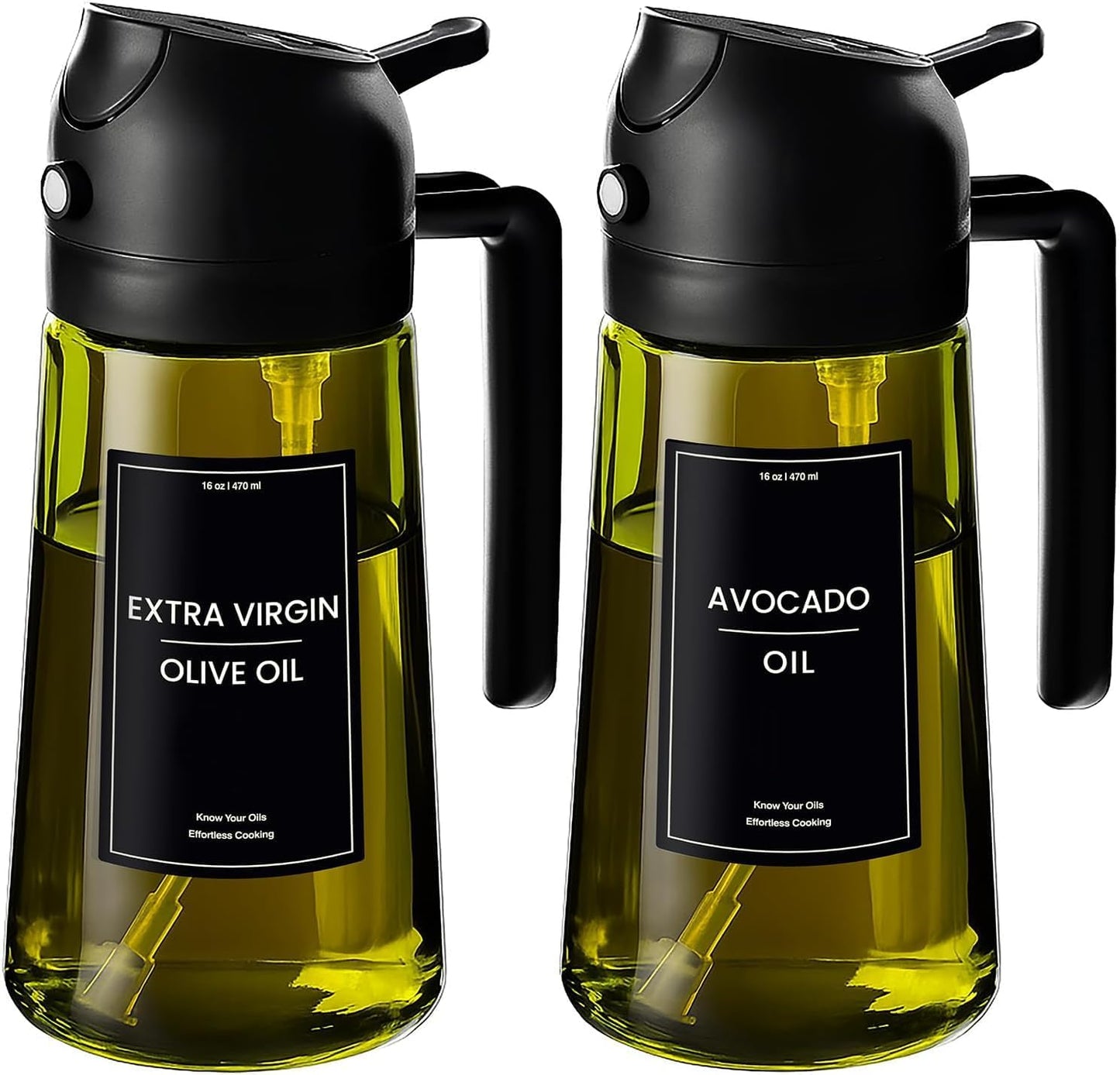 16oz/470ml Glass Olive Oil Sprayer for Cooking - 2 in 1 Olive Oil Dispenser for Kitchen Gadgets, Air Fryer, Salad, and BBQ (black)