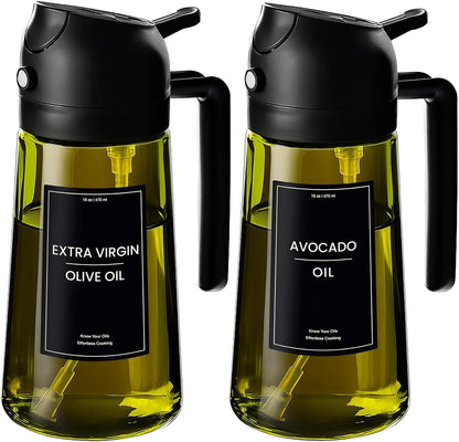 16oz/470ml Glass Olive Oil Sprayer for Cooking - 2 in 1 Olive Oil Dispenser for Kitchen Gadgets, Air Fryer, Salad, and BBQ (black)