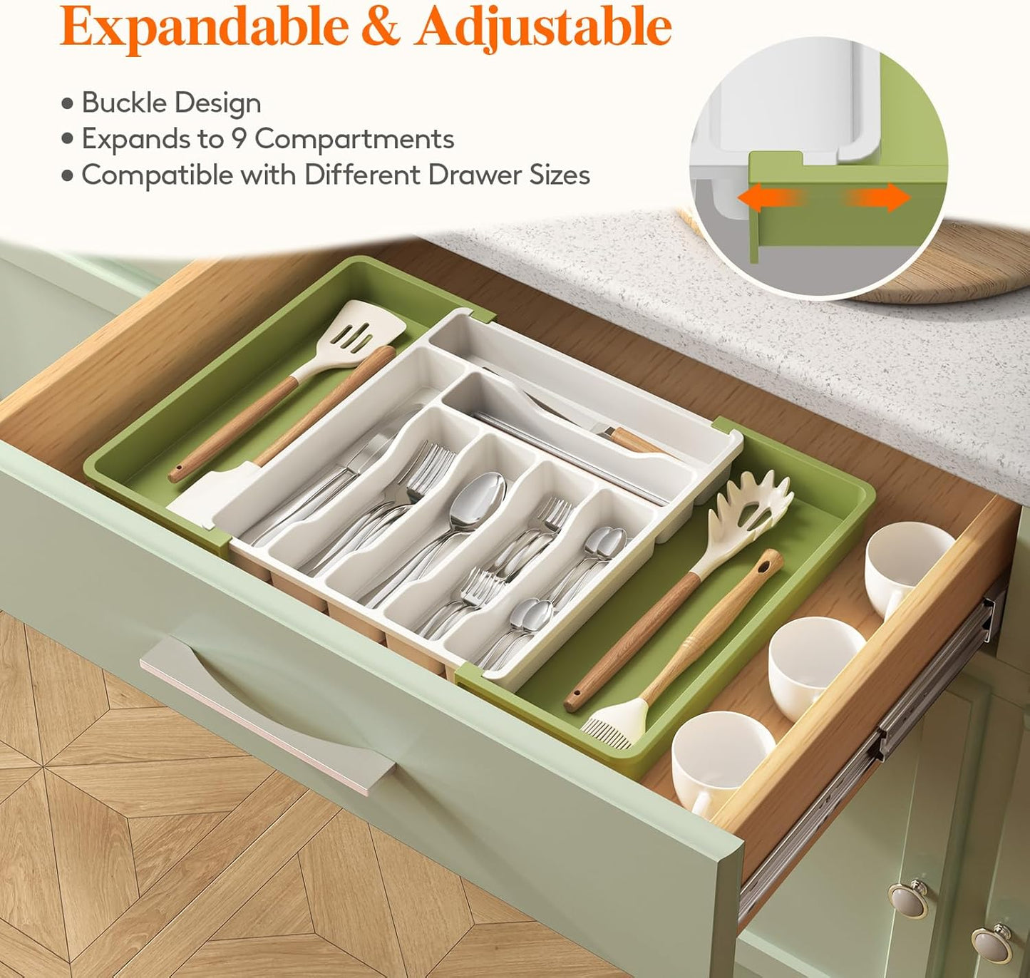 Lifewit Utensil Organizer for Kitchen Drawer, Expandable Cooking Silverware Tray, Adjustable Cutlery Flatware Holder, Plastic Spatula Tools Storage Divider, 14.4 x 15.8", Black