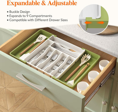 Lifewit Utensil Organizer for Kitchen Drawer, Expandable Cooking Silverware Tray, Adjustable Cutlery Flatware Holder, Plastic Spatula Tools Storage Divider, 14.4 x 15.8", Black