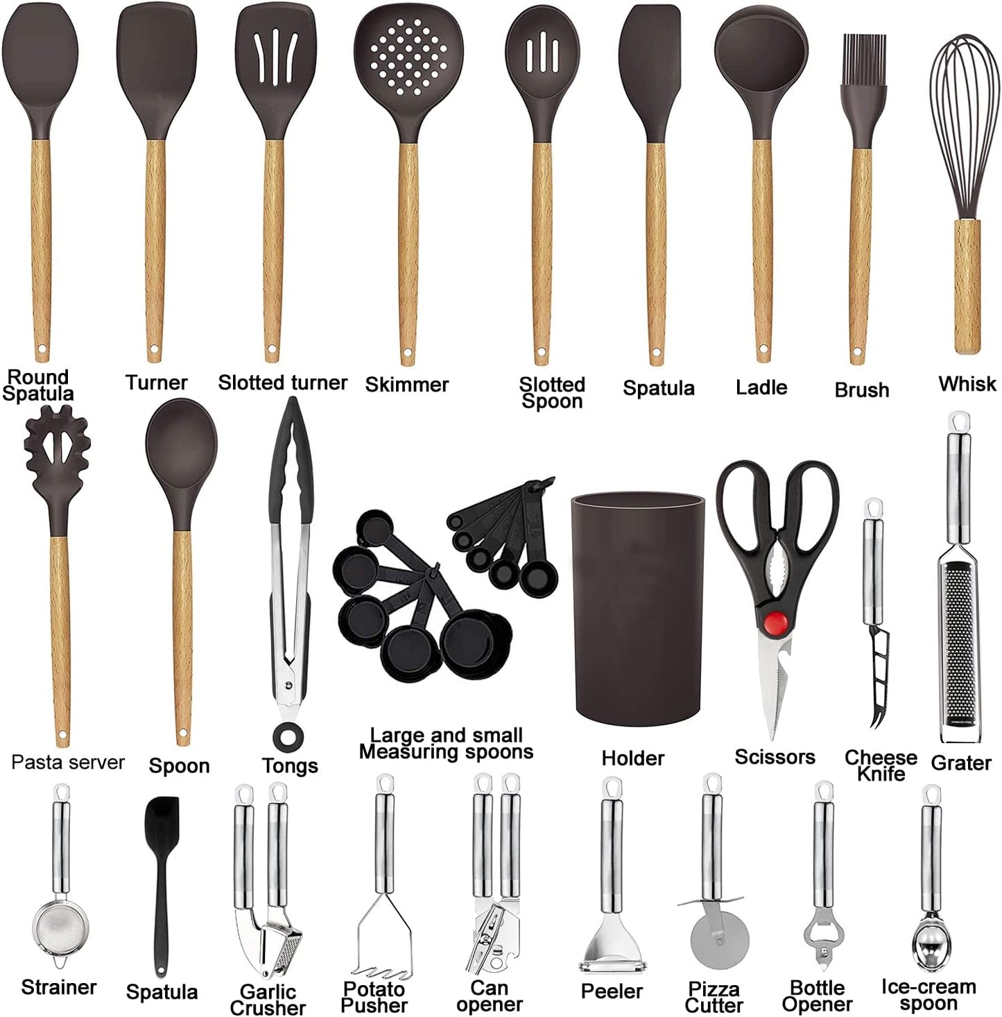 Kitchen Utensils Set- 35 PCs Cooking Utensils with Grater,Tongs, Spoon Spatula &Turner Made of Heat Resistant Food Grade Silicone and Wooden Handles Kitchen Gadgets Tools Set for Nonstick Cookware
