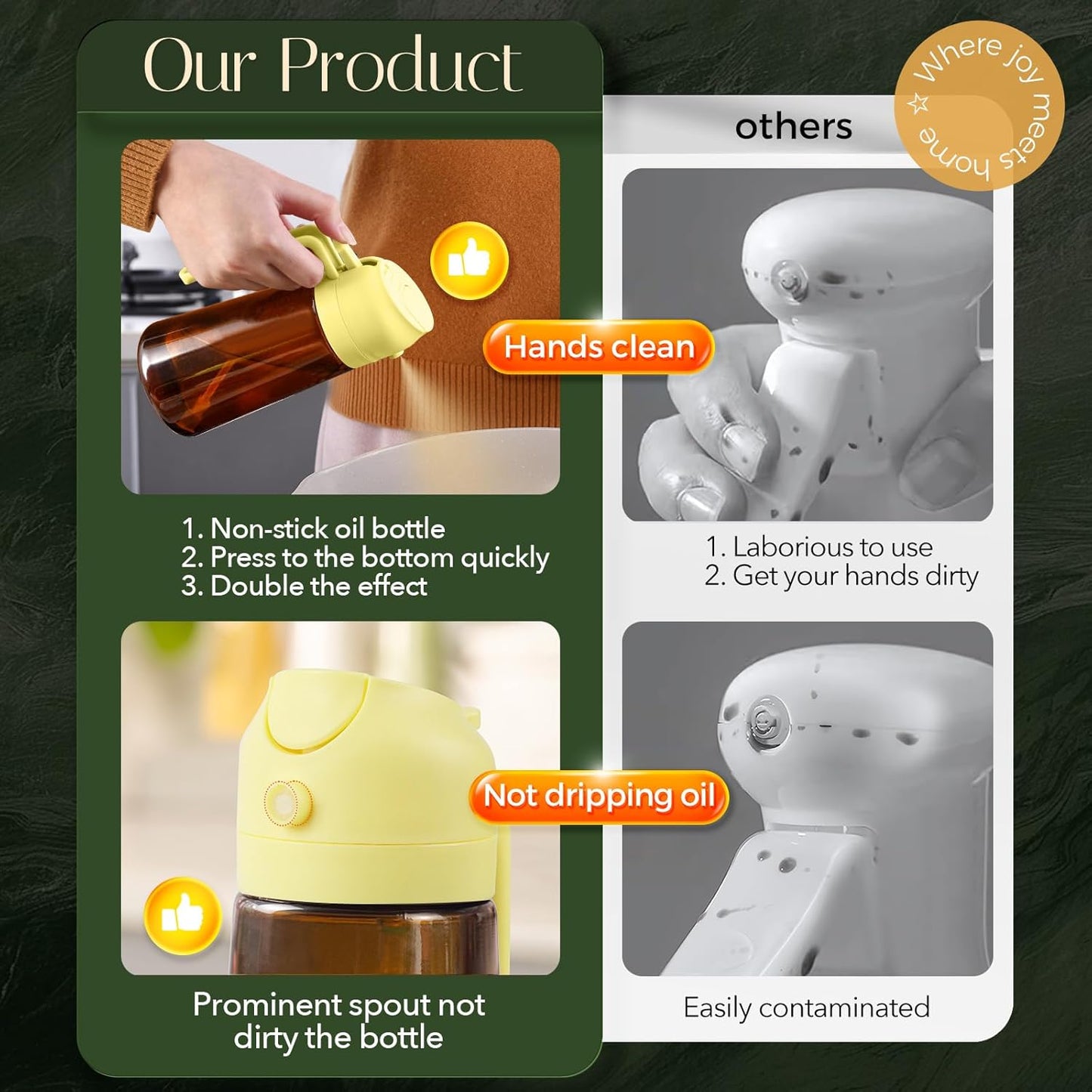 YARRAMATE 2Pcs 16oz/470ml Dark Brown Oil Sprayer for Cooking with Stickers, Food-grade Premium 2 in 1 Olive Oil Dispenser Bottle for Kitchen Gadgets, Air Fryer, Salad, Frying, BBQ (Black&OliveGreen)