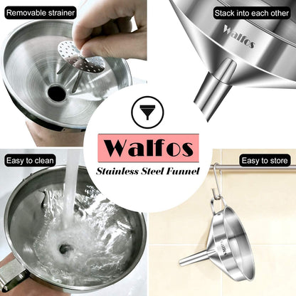 Stainless Steel Funnel, Walfos 3 Pack Kitchen Funnel with 2 Removable Strainer ＆ 1Pcs Cleaning Brush, Perfect for Transferring of Liquid, Oils, Jam, Dry Ingredients & Powder