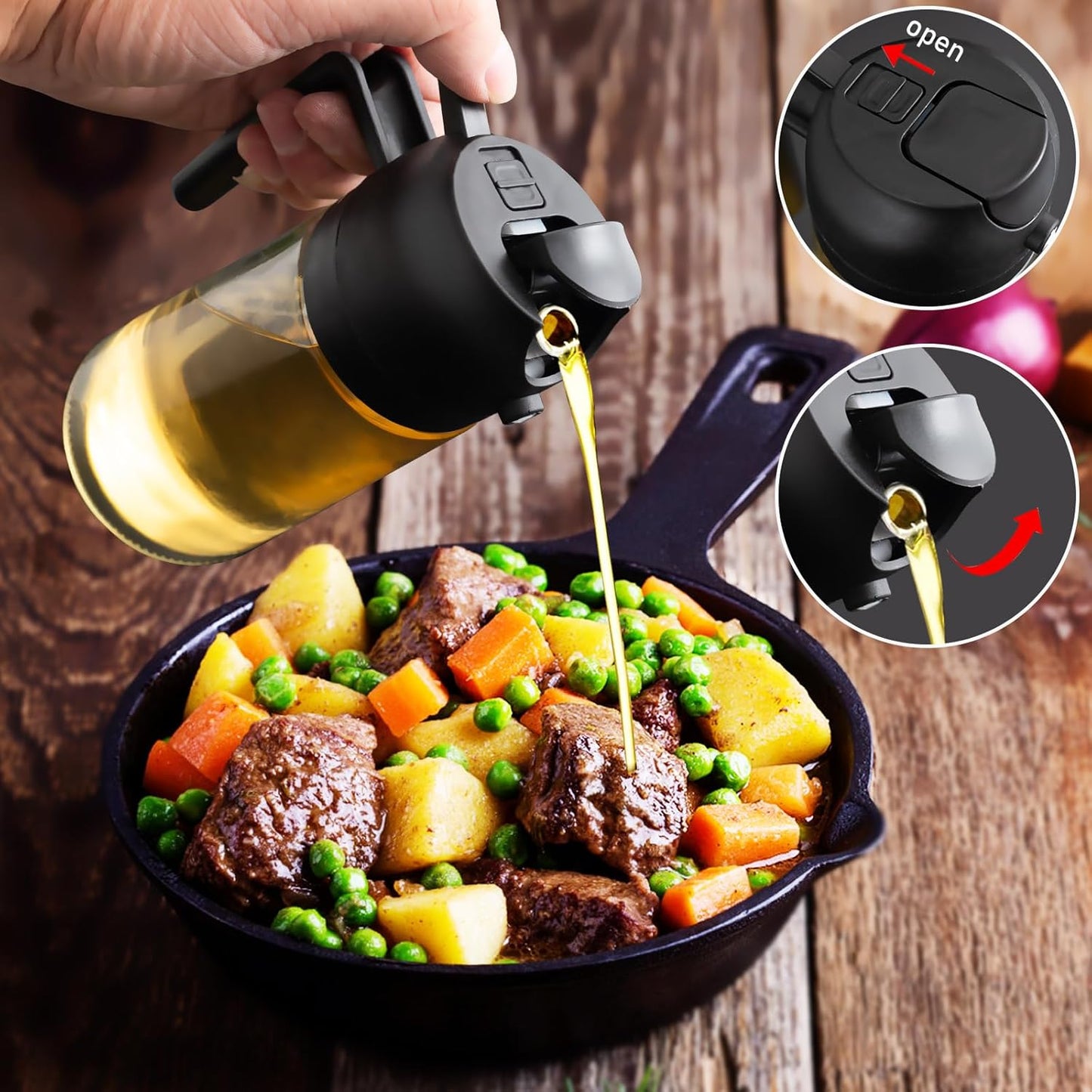 mqnxoi Oil Sprayer for Cooking, 2 in 1 Olive Oil Dispenser Bottle for Kitchen, 16oz/470ml Premium Glass, Food-grade Oil Mister for Air Fryer, Salad, Frying, BBQ (Black + Dark Green Bottle)
