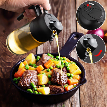 mqnxoi Oil Sprayer for Cooking, 2 in 1 Olive Oil Dispenser Bottle for Kitchen, 16oz/470ml Premium Glass, Food-grade Oil Mister for Air Fryer, Salad, Frying, BBQ (Black + Dark Green Bottle)