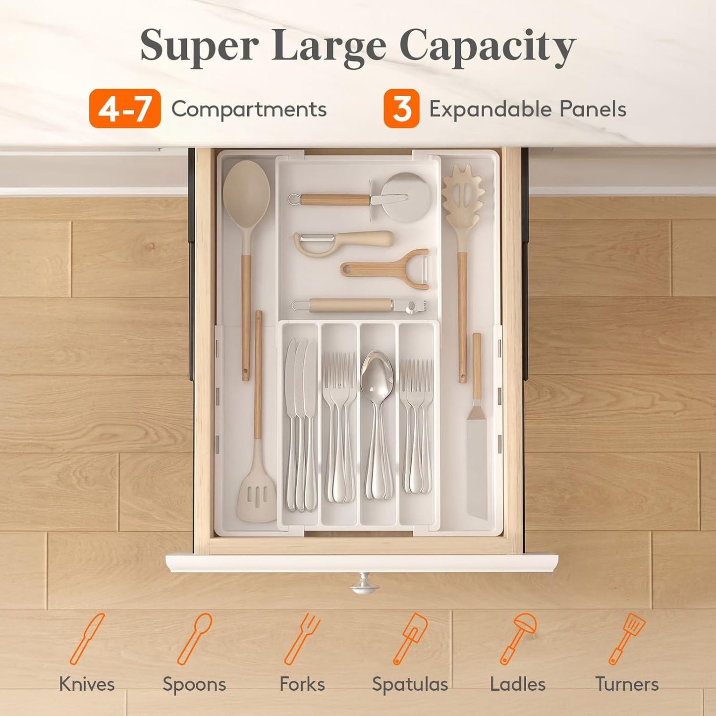 Lifewit Silverware Drawer Organizer, Expandable Utensil Tray for Kitchen, BPA Free Flatware and Cutlery Holder, Adjustable Plastic Storage for Spoons Forks Knives, 4-7 Slots, Black