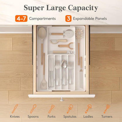 Lifewit Silverware Drawer Organizer, Expandable Utensil Tray for Kitchen, BPA Free Flatware and Cutlery Holder, Adjustable Plastic Storage for Spoons Forks Knives, 4-7 Slots, Black