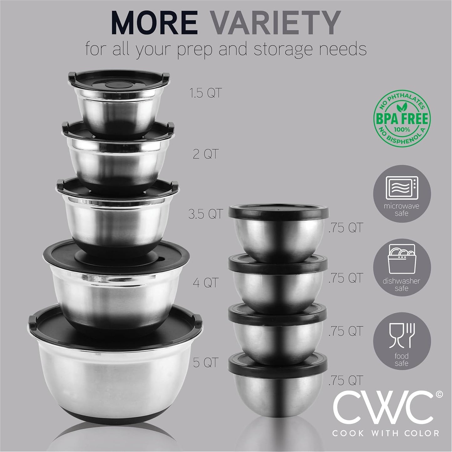 COOK WITH COLOR Stainless Steel Mixing Bowls Set with Lids - Nesting Bowls with Non-Slip Bottom, Silver, 14 Pieces