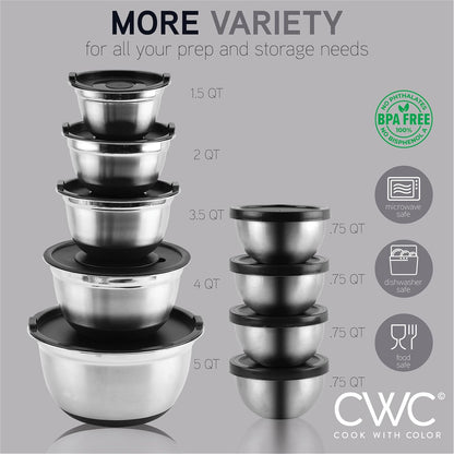 COOK WITH COLOR Stainless Steel Mixing Bowls Set with Lids - Nesting Bowls with Non-Slip Bottom, Silver, 14 Pieces