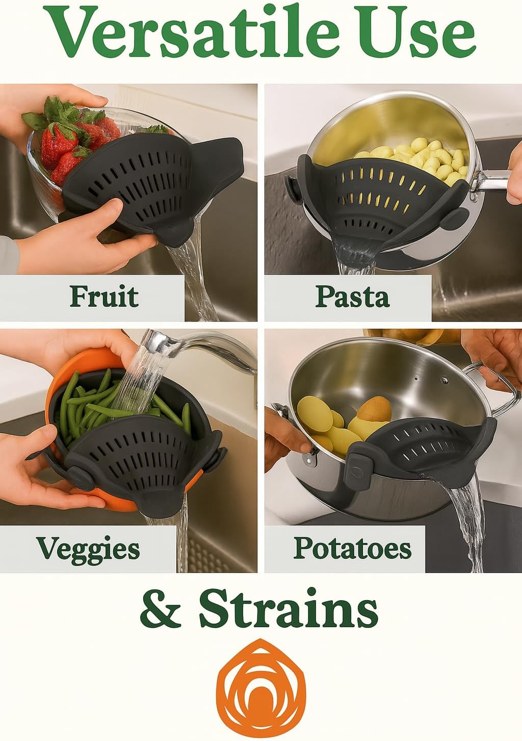 Smart Pots Food Strainer, Clip-On Silicone Colander, Heat-Resistant by TerraHome (Black)