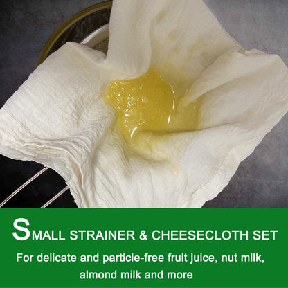 Fine Mesh Strainer with Sturdy Handle, 7.76 Inch Stainless Steel Strainers, Bonus 20x20 Inch Reusable Cotton Cheese Cloths with 4 Hemmed Edges, Sieve Sifter for Straining, Cooking, Baking