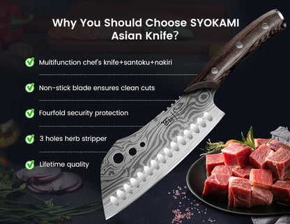 SYOKAMI Cleaver Chef Knife with Herb Stripper, 7" Asian Kitchen Knife 3-in-1 Combined with Chef's Knife, Santoku, Nakiri for Slicing, Chopping, Dicing, Mincing, Housewarming Birthday Cooking Gifts