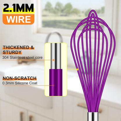 HOTEC 4 Pieces Silicone Whisks Set, Wire Balloon Whisks for cooking Egg Beater, Non-slip Handle Whisk for Non-stick Cookware Perfect for Cooking, Stirring, Beating and Blending (Multicolor)