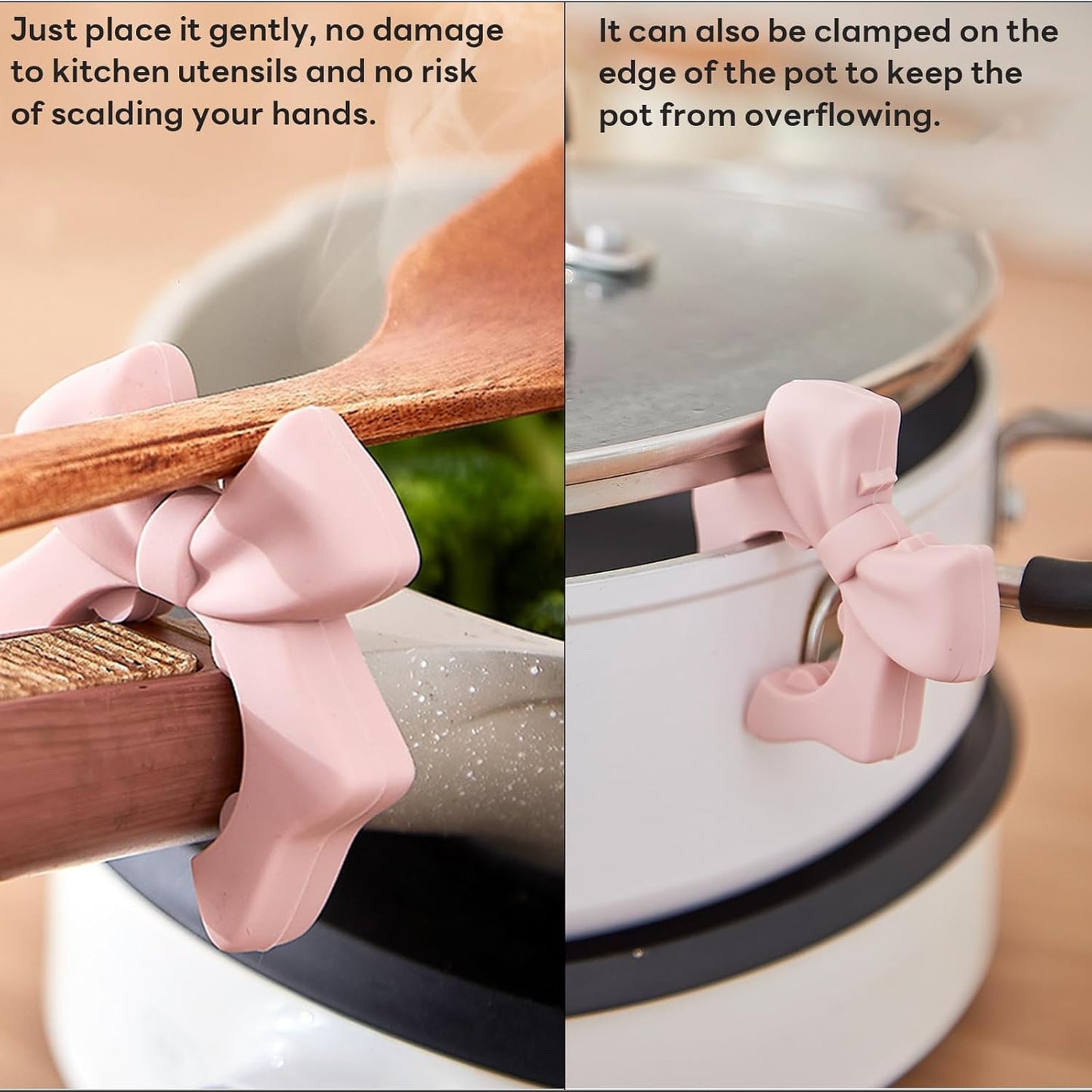 Silicone Spatula Holder, 2-Pack Bowknot Design Spoon Rest, Heat-Tolerant Kitchen Utensil Pot Clips for Holding Spatulas and Spoons, Compatible with 1.38in to 2.17in Pot Handles, Pink and Beige
