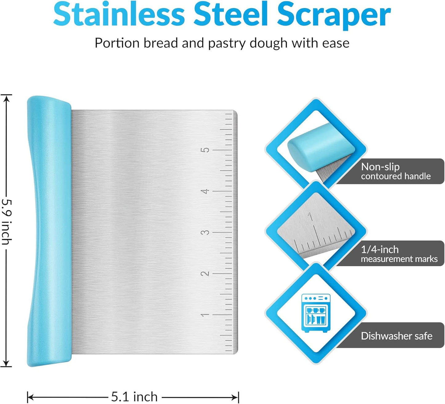 Upgraded 304 Stainless Steel Multi-Purpose Bench Scraper with Measurement Marks, Dishwasher Safe, Dough Cutter for Pizza, Bread and Cookie Dough Vegetable Chopper, Baking Supplies, Mint Green
