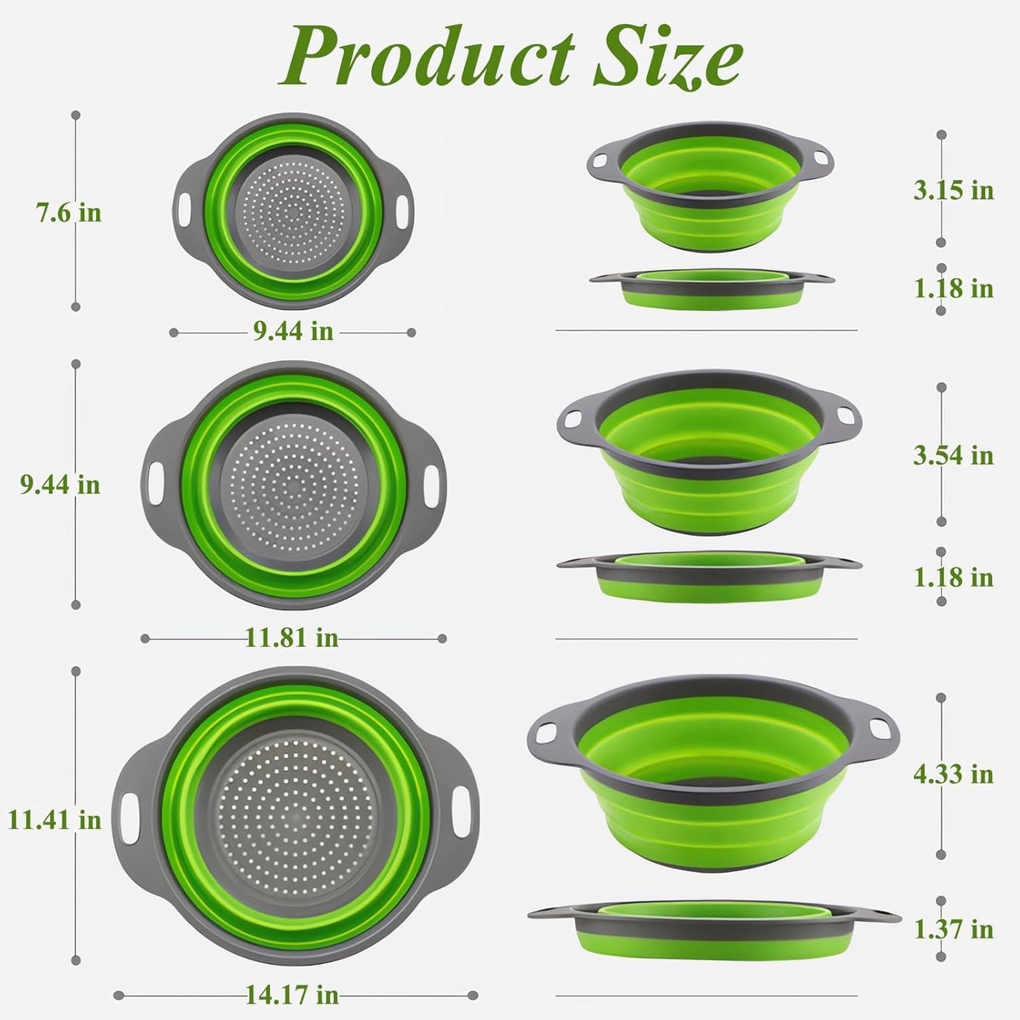 Collapsible Colander Set of 2, Foldable Silicone Pasta Strainer with Handles, 2 Pack Space Saving Kitchen Colander for Fruits,Space Saving Pasta Strainer Basket for Fruits & Vegetables