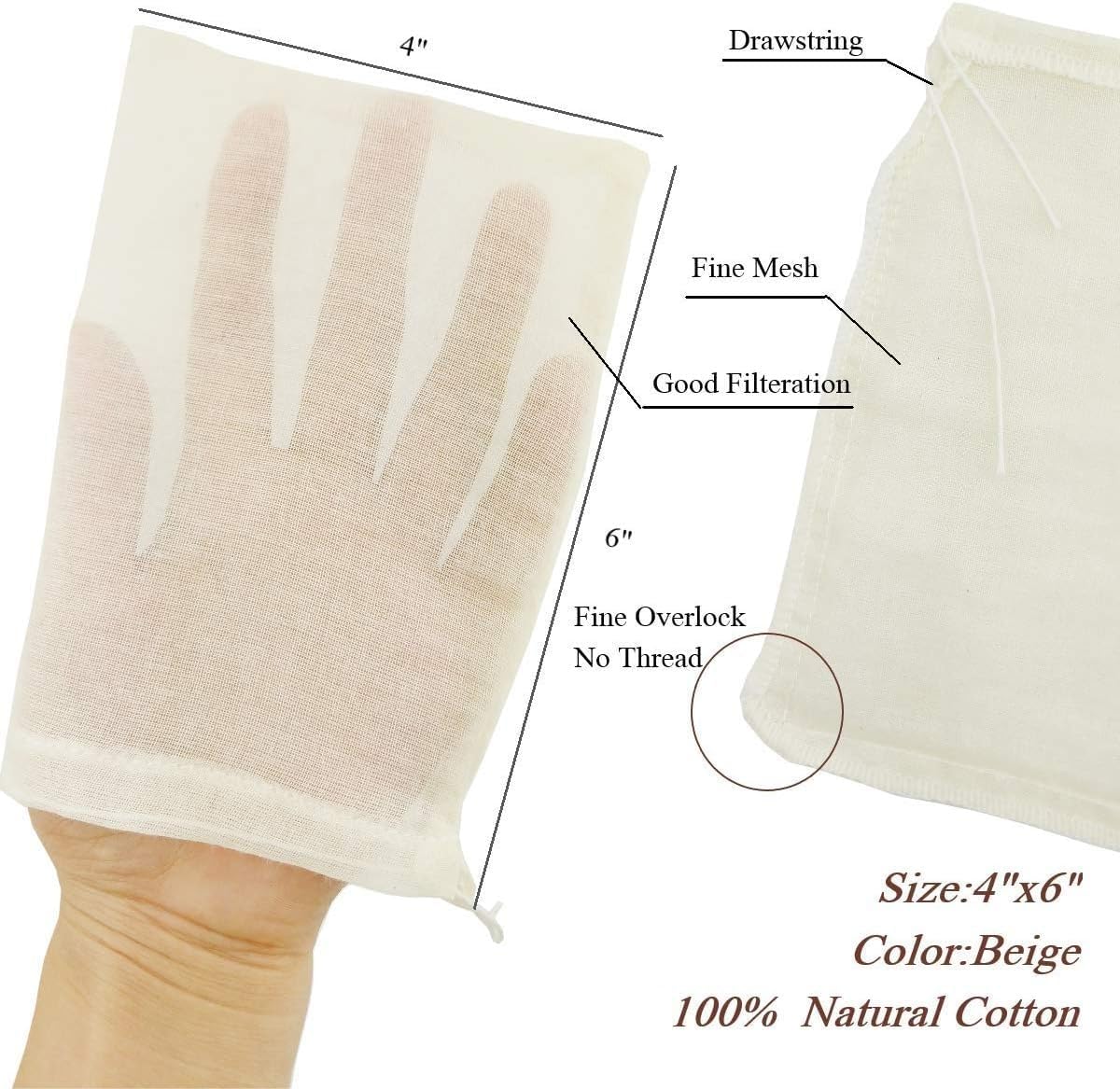 Cheesecloth Bags for Straining,Reusable Cold Brew Coffee Cheese Cloths Strainer,Large Nut Milk Tea Juice Bag,100% Natural Cotton Fine Mesh Filter Bags (X-Small,10 PACK)