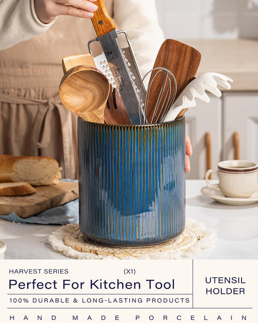getstar Large Kitchen Utensil Holder, 7.2" Vintage Ceramic Utensils Crocks for Kitchen Counter with Non-Slip Cork Mat, Farmhouse Cooking Tool Organizer for Kitchen Counter Decor