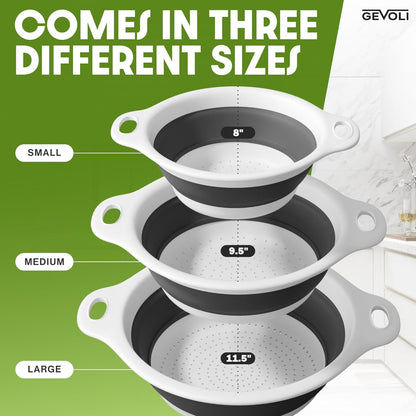 Gevoli Collapsible Colanders with Self-Draining Base for Edge of Sink, Food Strainers (Small/Med/Large), Nested Design for Easy Storage (Red, Blue, Green) (4PC Set)