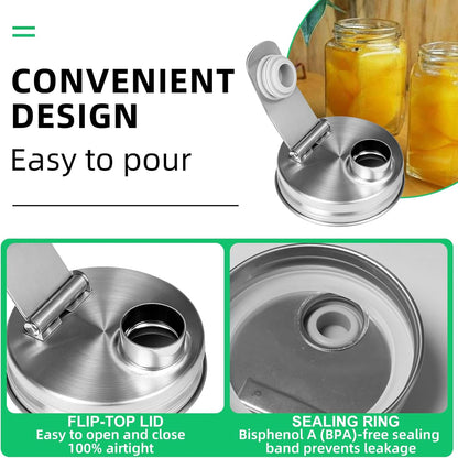 2 Pack Wide Mouth Mason Jar Stainless Steel Pour Spout Lid, Reusable Mason Jar Lids, for 86MM Ball Wide Mouth Mason Jars, Leak Proof Seal, for Drinking Salad Dressing & Food Storing