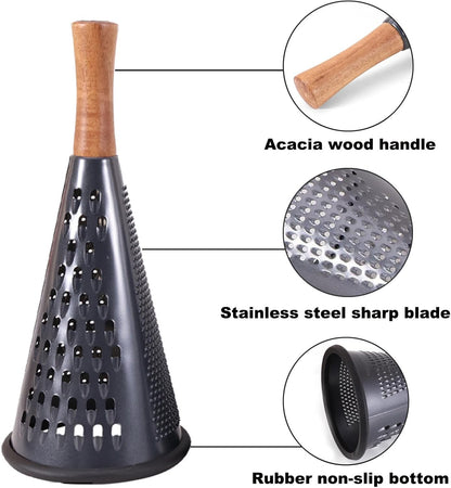 Cone Cheese Grater with Handle Stainless Steel Grater Triple Function Wood Handle Shredder Non-Slip Rubber Bottom Hand Held Multifunction Vegetables Grater Black 4-Size (Size XL:11.8" X 5.1" Black)