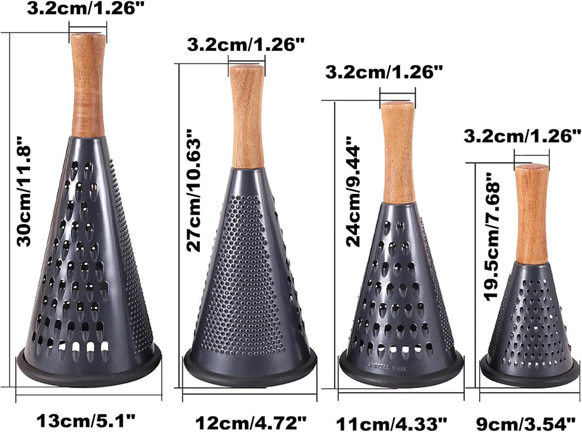 Cone Cheese Grater with Handle Stainless Steel Grater Triple Function Wood Handle Shredder Non-Slip Rubber Bottom Hand Held Multifunction Vegetables Grater Black 4-Size (Size XL:11.8" X 5.1" Black)