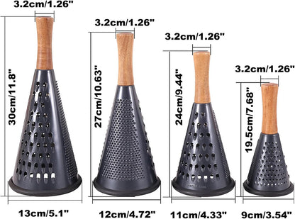 Cone Cheese Grater with Handle Stainless Steel Grater Triple Function Wood Handle Shredder Non-Slip Rubber Bottom Hand Held Multifunction Vegetables Grater Black 4-Size (Size XL:11.8" X 5.1" Black)