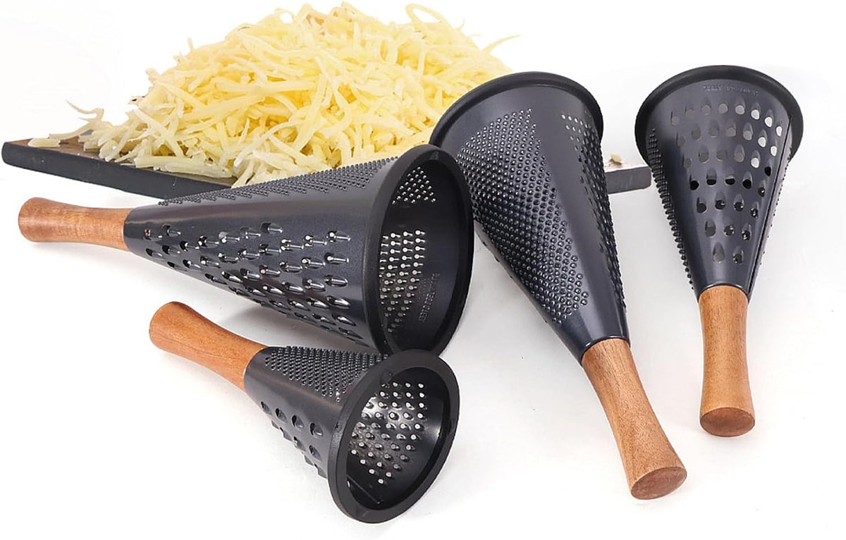 Cone Cheese Grater with Handle Stainless Steel Grater Triple Function Wood Handle Shredder Non-Slip Rubber Bottom Hand Held Multifunction Vegetables Grater Black 4-Size (Size XL:11.8" X 5.1" Black)