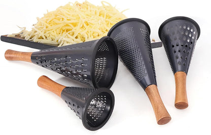 Cone Cheese Grater with Handle Stainless Steel Grater Triple Function Wood Handle Shredder Non-Slip Rubber Bottom Hand Held Multifunction Vegetables Grater Black 4-Size (Size XL:11.8" X 5.1" Black)