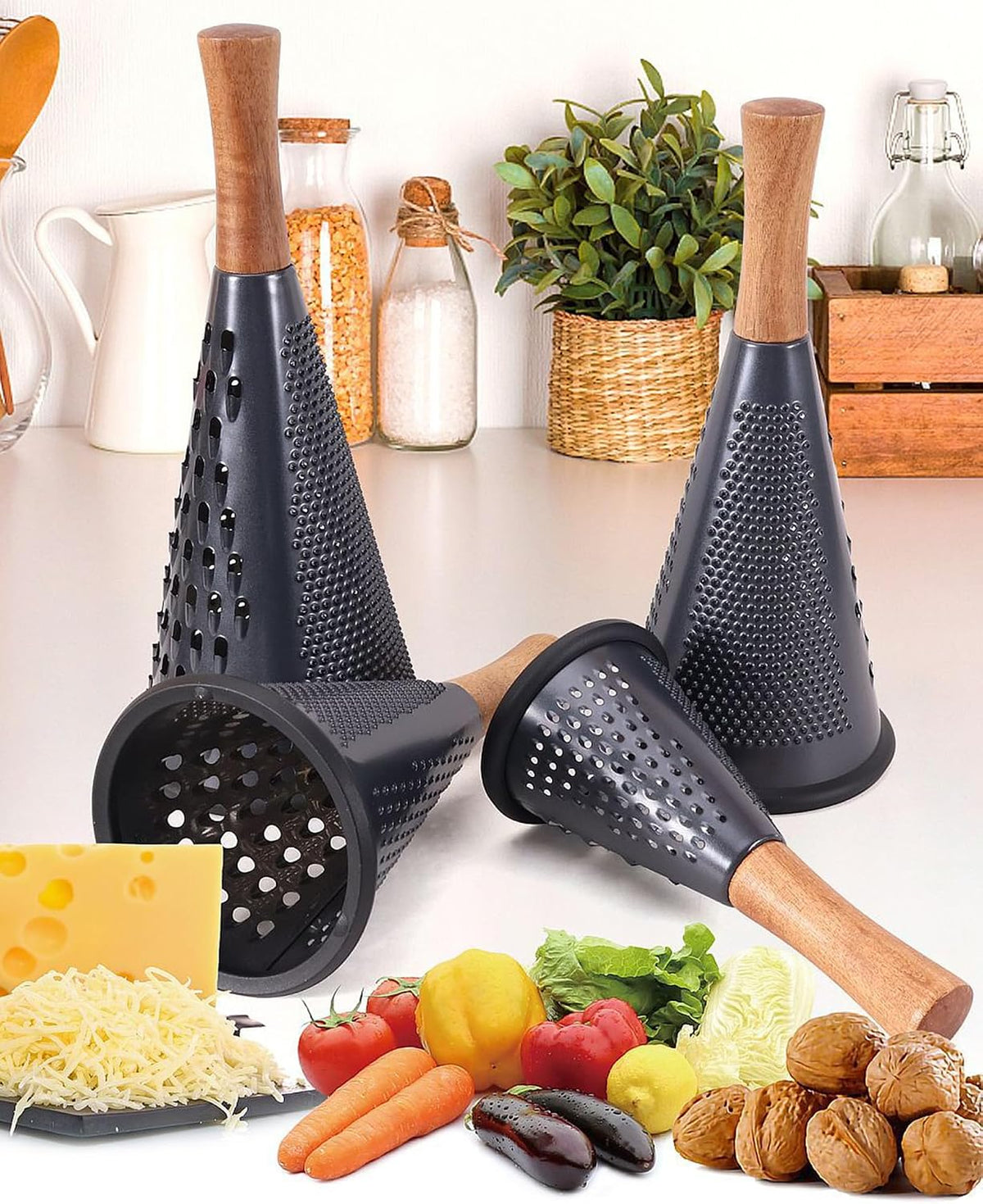 Cone Cheese Grater with Handle Stainless Steel Grater Triple Function Wood Handle Shredder Non-Slip Rubber Bottom Hand Held Multifunction Vegetables Grater Black 4-Size (Size XL:11.8" X 5.1" Black)