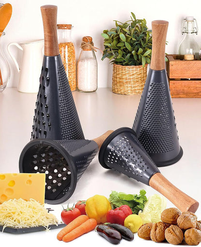 Cone Cheese Grater with Handle Stainless Steel Grater Triple Function Wood Handle Shredder Non-Slip Rubber Bottom Hand Held Multifunction Vegetables Grater Black 4-Size (Size XL:11.8" X 5.1" Black)