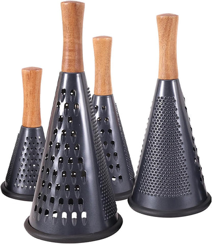 Cone Cheese Grater with Handle Stainless Steel Grater Triple Function Wood Handle Shredder Non-Slip Rubber Bottom Hand Held Multifunction Vegetables Grater Black 4-Size (Size XL:11.8" X 5.1" Black)