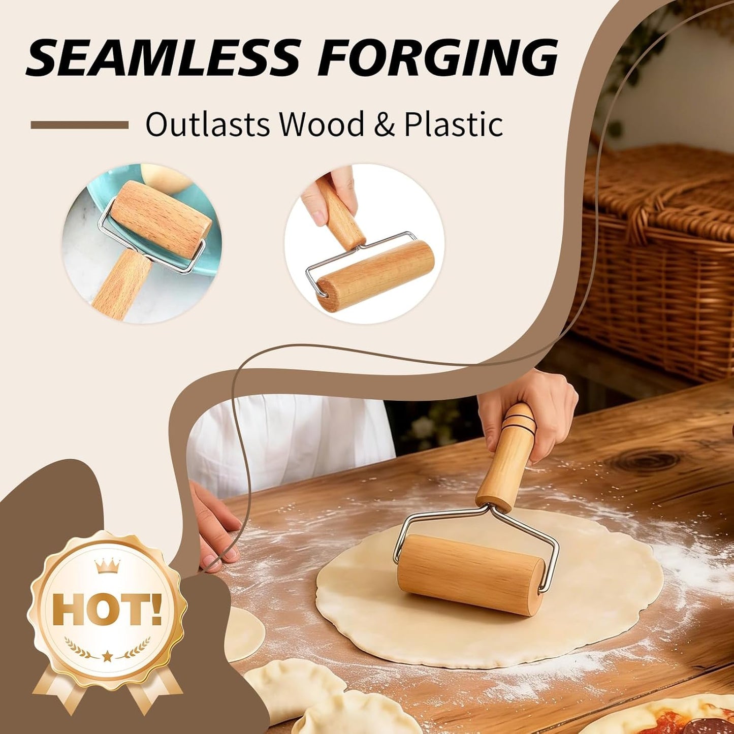Pizza Rolling Pin Small Rolling Pin Wooden Dough Roller Non Stick Pizza Dough Roller for Baking Pastry Tortilla Cookie Dumpling Rolling Pins for Baking (T+H-Style)