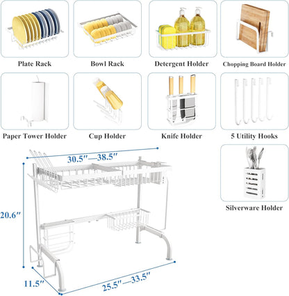 SAYZH Over The Sink Dish Drying Rack, Adjustable (25.5 to 33.5 inch) 2 Tier Metal Steel Dish Drying Racks for Kitchen Counter with Hooks Paper Towel Utensil Cup Holder Sink Caddy (Black)